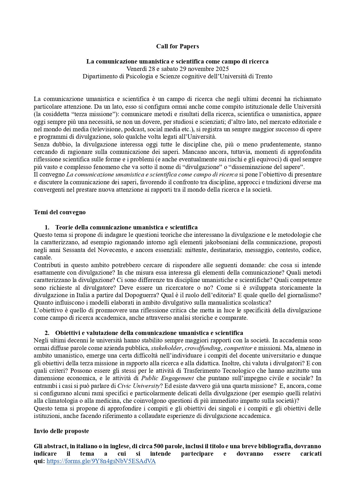 CFP La comunicazione umanistica e scientifica come campo di ricerca