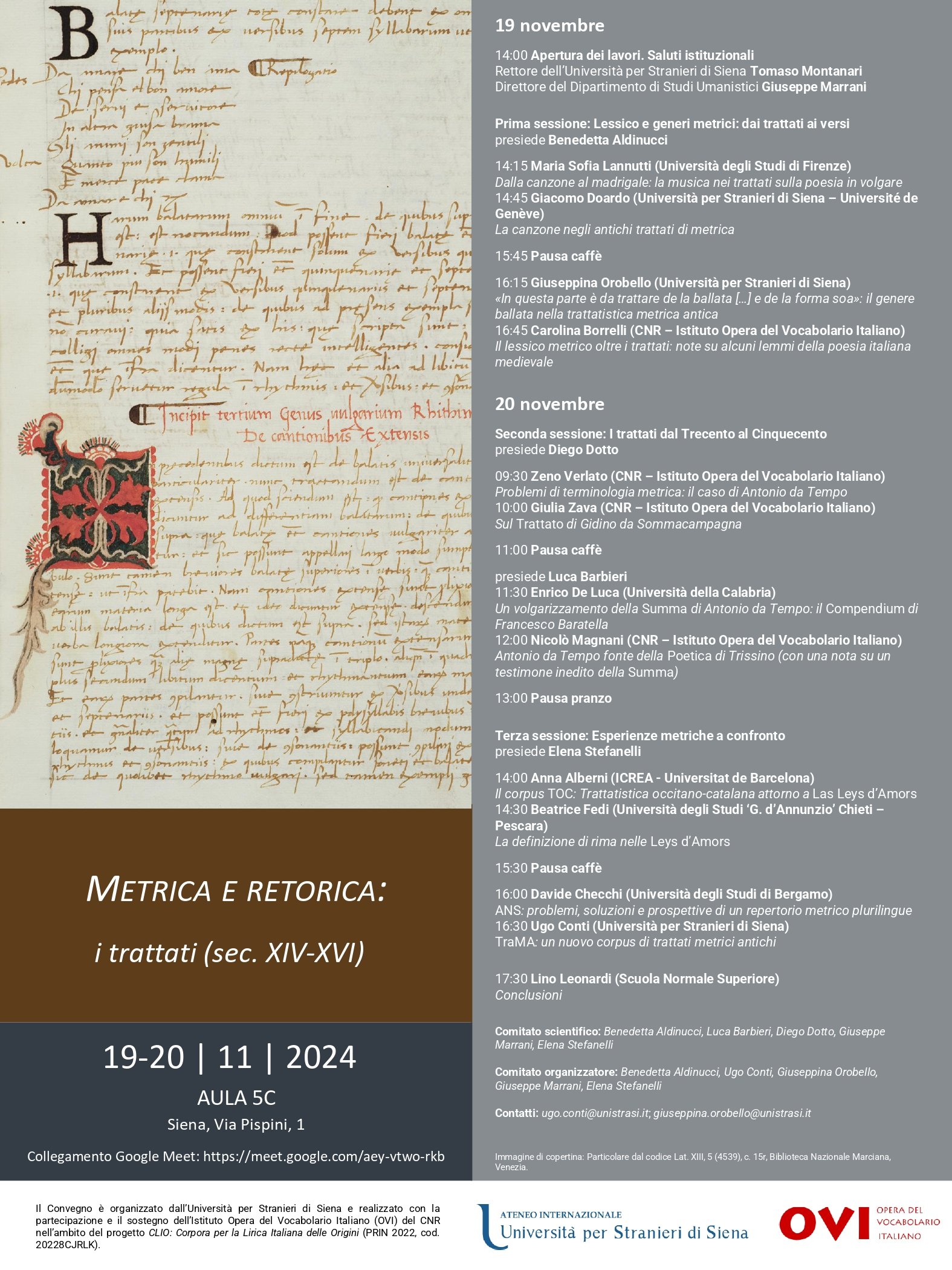 Convegno: &quot;Metrica e retorica: i trattati (sec. XIV-XVI)&quot;